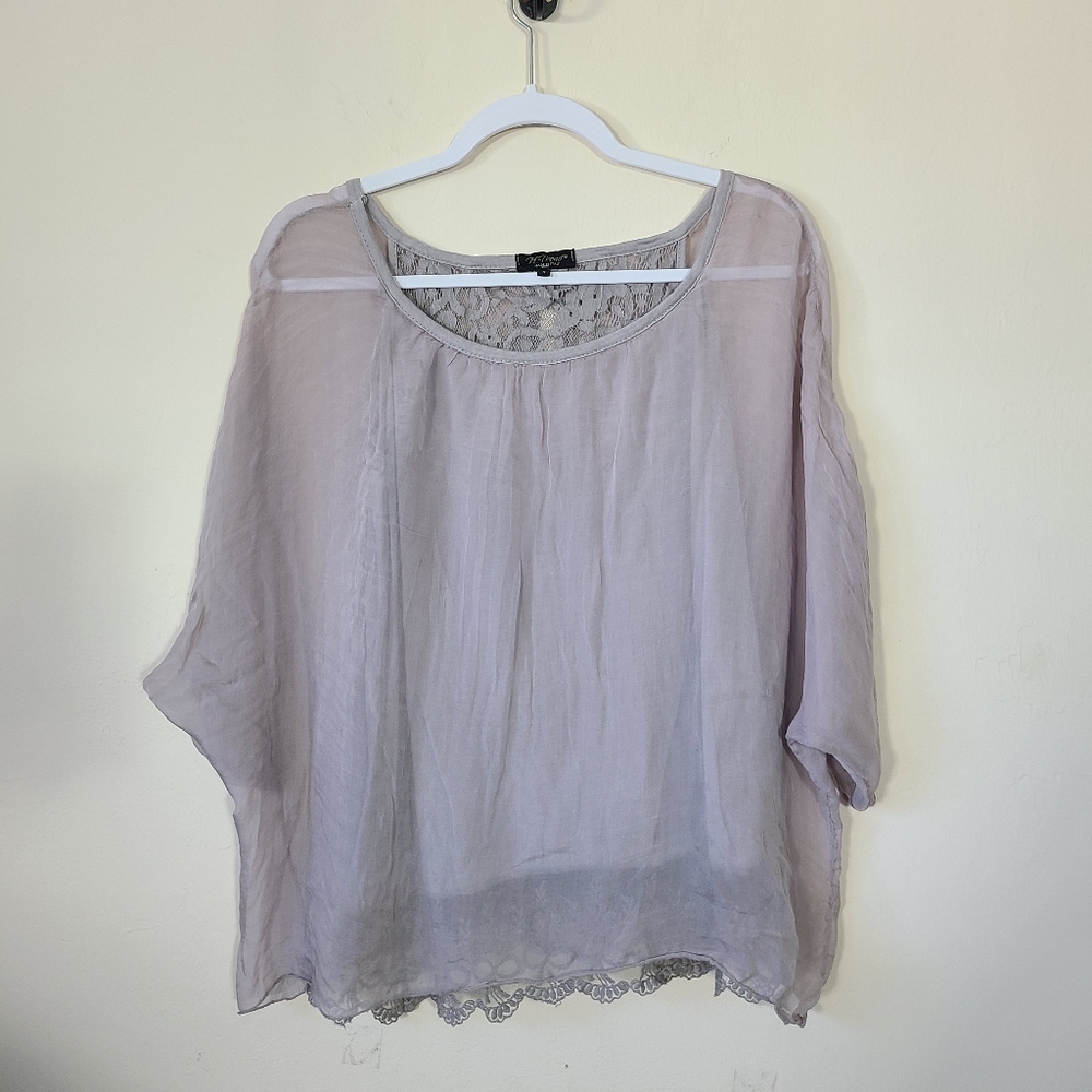 H TREND Italian Silk‎ Gray Blouse Semi Sheer With With Lace Detail Womens Size S